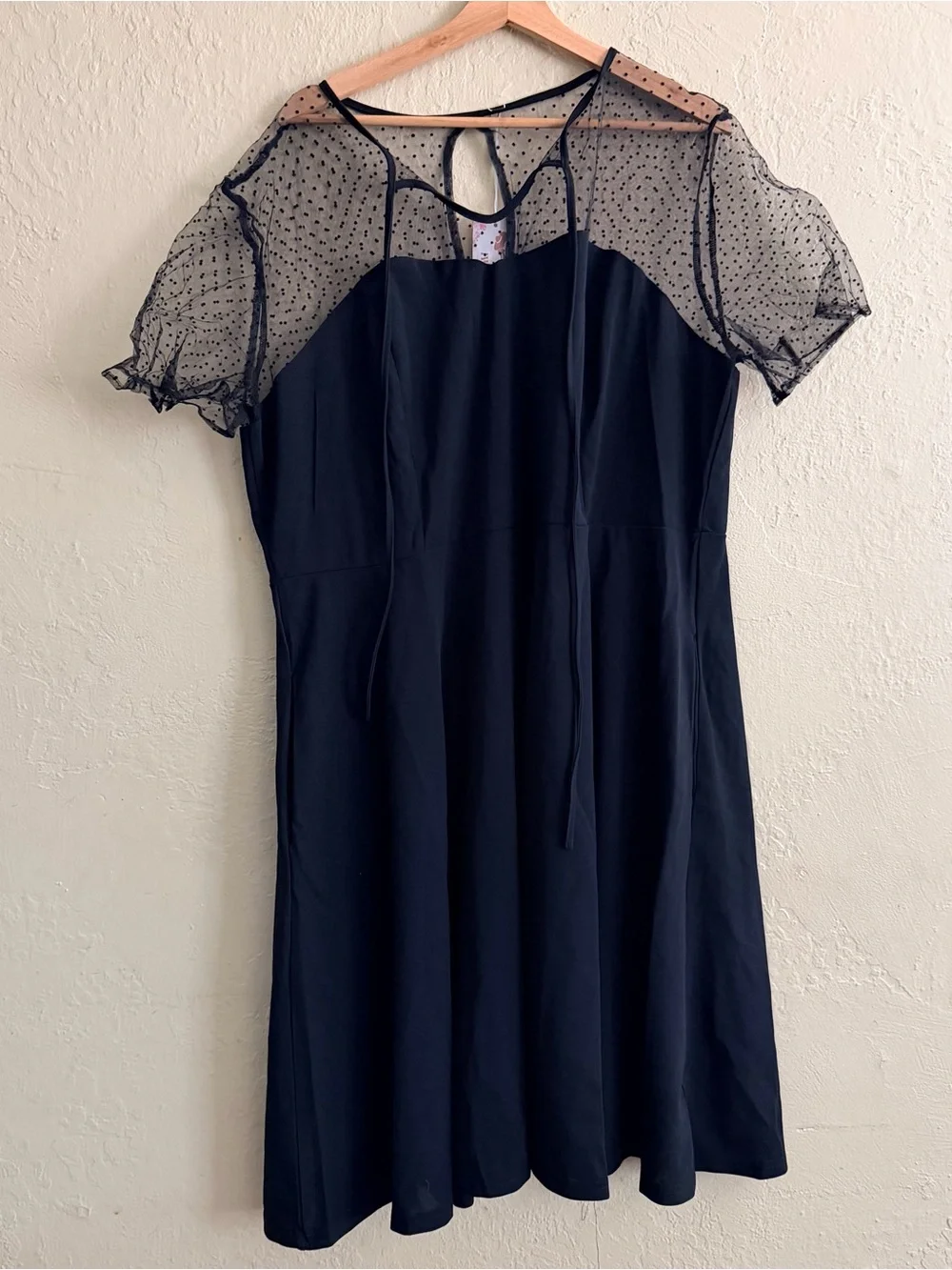 Classic Black Fit-and-Flare Dress with Sheer Polka Dot Yoke - Picture 2 of 4